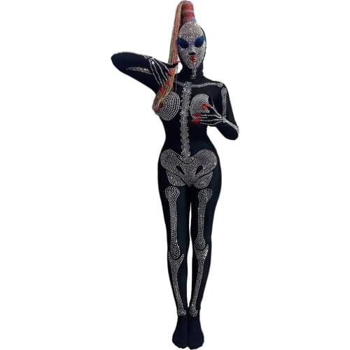 Shining Rhinestone Skeleton Print Black Jumpsuits Adult Women Ghost Bodysuit Scary Costume Halloween Performance For Women