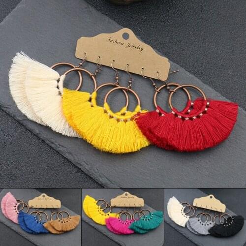 Bohemian Big Round Tassel Long Drop Earrings for Women Cotton Silk Fabric Fringe Earring Pendientes Mujer Moda Brincos Earrings