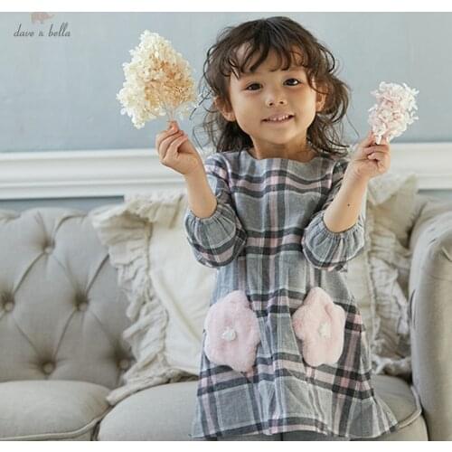DB18926 dave bella autumn baby girls cute floral plaid print dress children fashion party dress kids infant lolita clothes