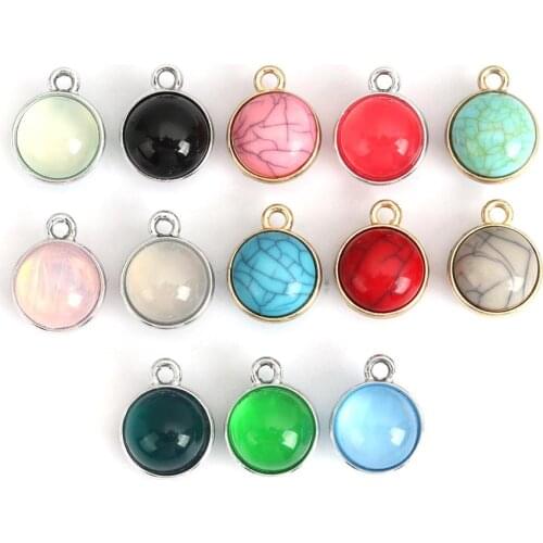 DoreenBeads 10 PCs Zinc Alloy Charms Round Gold Color Dark Red With Resin Cabochons Imitation Gem Stone DIY Jewelry Pendants