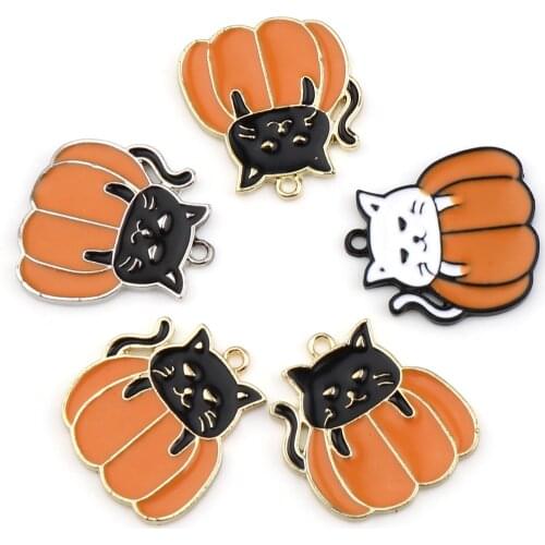 Cute Cartoon Charms Cat Animal Multicolor Halloween Pumpkin Enamel Pendants DIY Making Necklace Jewelry Gifts 21mm x 20mm,10PCs