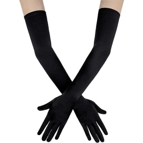 Classic Women Satin Long Gloves Solid Color Silk Evening Party Formal Gloves Bride Finger Mittens Black White Wedding Costume