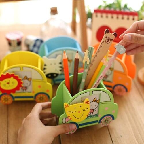 Creative Wooden Cartoon Car Modeling Photo Frame With Clip Fashionable Children Pen Container Pencil Holder Storage Tube