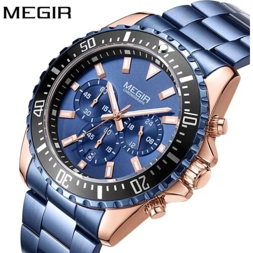 MEGIR 2021 New Fashion Sports Mens Waterproof Luminous Watch Dial Chronograph Calendar Steel Band Business Quartz Watches 2064