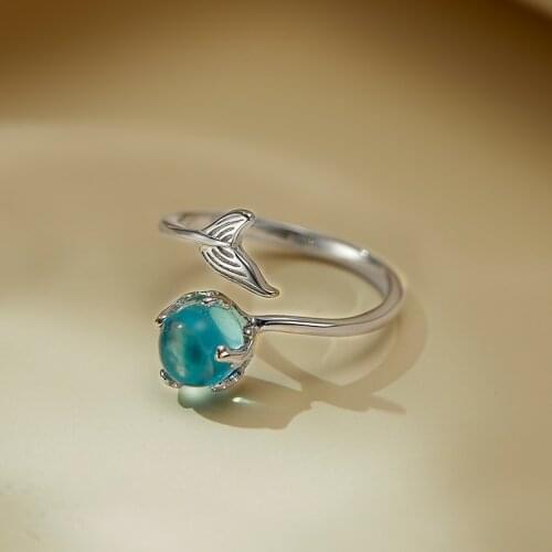 Cute Female Small Mermaid Tail Ring Real 925 Sterling Silver Engagement Ring Luxury Blue Stone Open Rings For Women