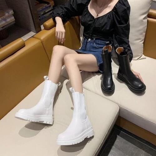 Comemore 2021 Fashion Womens Boots Autumn Winter New Platform British Style Short Tube Boots White Black Chelsea Chimney Boots
