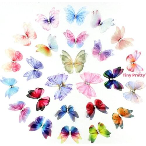 20PCS 3.0cm Organza Butterflies w/ Rhinestone Chiffon Artificial Butterfly Appliques for Baby Hair Accessory, Party Decoration