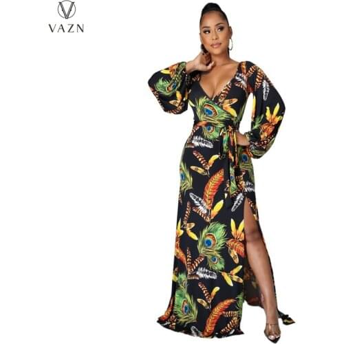 VAZN 2021 New Floor-length Retro Print Women Elegant High-end Holiday Chiffon Long Dress Retro Women A-line Maxi Dress