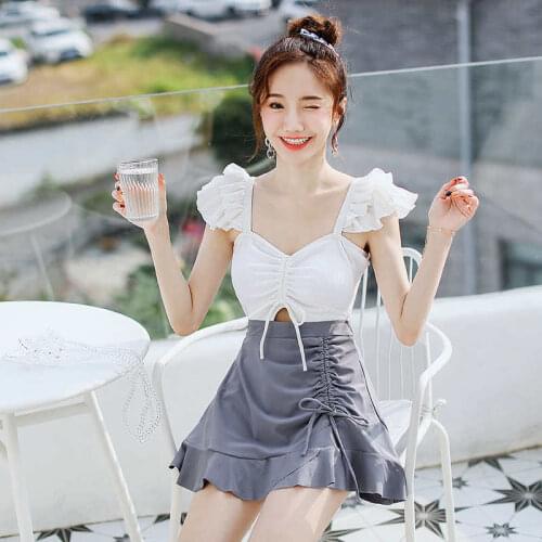 2021 New Contrast Color Lotus Leaf Sling Low-Cut Folds Drawstring Elastic Bowknot Pleated Backless Small Fresh Hot Spring Swim