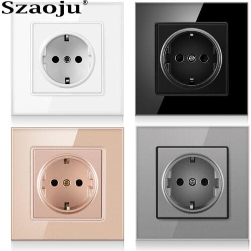 Szaoju German Standard Power Socket Four Colors LED Crystal Glass Panel Electrical Socket 86*86mm AC 110 -250V 16A 2100ma