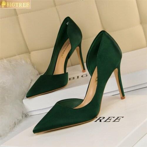 Women Shoes Pointed Toe Pumps Satin Shallow mouth Pointed Side hollow 9.5CM thin High Heels Boat Wedding Dress Office Shoes