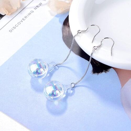 Utimtree Fashion Multicolored Glass Ball Long Tassel Earrings for Women pendientes Sterling 925 Silver Fashion Drop Earring Girl