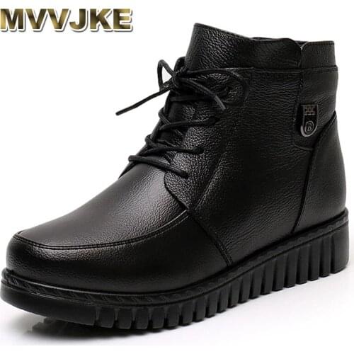 MVVJKE 2021 Women Snow Boots Winter Flat Heels Ankle Boots Women Warm Platform Shoes Genuine Leather Thick Wool Fur Booties
