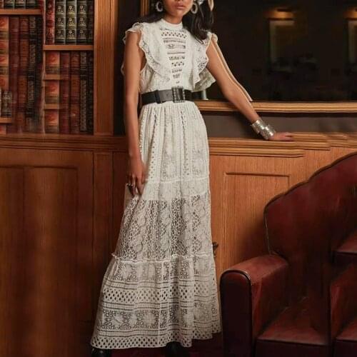 2021 New Women White Lace Dress Elegant O-Neck Sexy Cutwork Dresses 4613