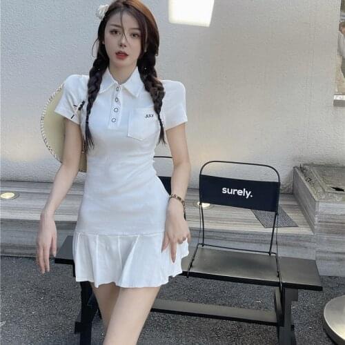 Vestidos Mujer Polo Neck Slim Mini Dress Gray Short Sleeve Fashion Pleated White Dress New Summer Casual Polo Golf Verano 2021