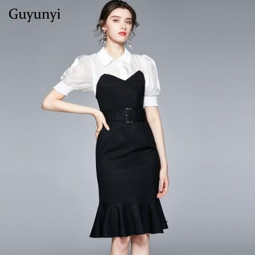 Elegant Office Lady Dress 2021 Summer White Peter Pan Collar Puff Sleeves Black High Waist Tight Ruffled Hem Party Dress Women