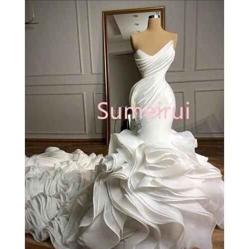 Blush Pink Mermaid Wedding Dresses 2021 Sweetheart V Neck Tiered Skirt Ruffles Princess Trumpet Vestidos De Novia Wedding Gowns