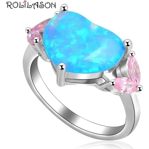 Blue Heart Style Women fashion women jewelry Pink Zircon Blue fire Opal Silver stamped Rings USA size #6.75#8.75 OR633