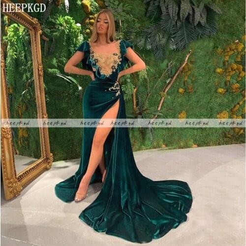 Exquisite Green Dubai Evening Dress Mermaid With Slit Gold Crystal Velvet Long Prom Gown Plus Size Women Formal Dress Customize