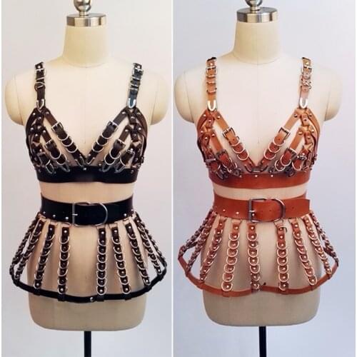 100% Handmade Sexy Lingerie Fetish Genuine Leather Women Harness Top Belt Heavy Duty Body Skirt Harness Suspender Straps