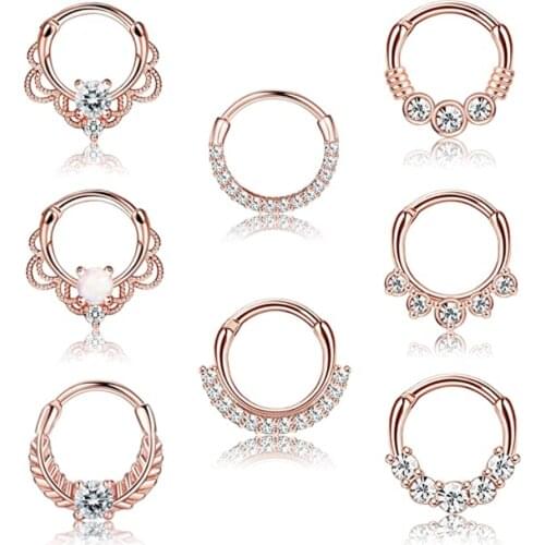 16G Septum Clicker Ring Stainless Steel CZ Opal Cartilage Helix Tragus Hoop Daith Earrings Nose Rings Hoop Hinged Segment