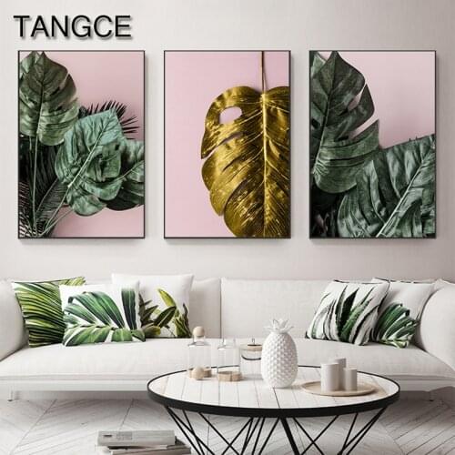 Abstract Golden Monstera Leaf Poster n Print Modern Green Plant Wall Art Picture for Living Room Nordic Canvas Painting Decor