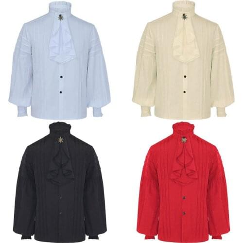 White Black Red Ruffles Stand Collar Lantern Sleeve Victorian Goth Shirt Men Medieval Top Vintage Clothes Male Party Banquet Wea