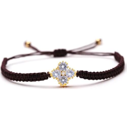 Big White CZ Crystal Flower Shape Clover Charm Bracelet Women Men Black Red String Super Fashion Zingy Macrame Jewelry Present