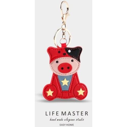 Handmade PU Leather Clown Piggy Animal Crystal Pet Bag Keychain Creative Keyring For Men Women Trinket Pendant Keychains D866