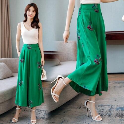 Womans Elastic High Waist Floral Print Trousers Casual Plus Size Loose Ladies Wide Leg Pants Female Ankle Length Skirt Pants