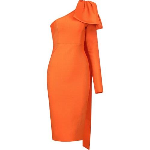 European Orange Women Sexy Oblique Collar One Shoulder Dress Ladies Backless Bow Bandage Elegant Party Pencil Dresses Vestidos