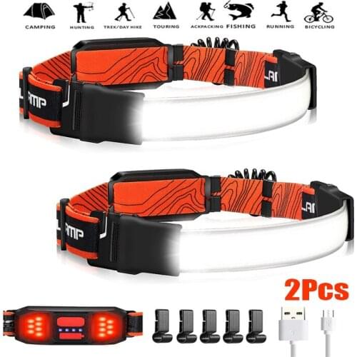 2Pcs 1200mAh 3 Modes COB LED Headlamp Riding Headlamp Head Torch Light USB Rechargeable Work Light Warning Strobe Camping Light