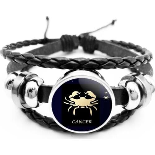 Black 12 Constellation Bracelet Glass Cabochon Black Leather Snap Button Unicorn Children Bracelet Men and Women Jewelry Gift