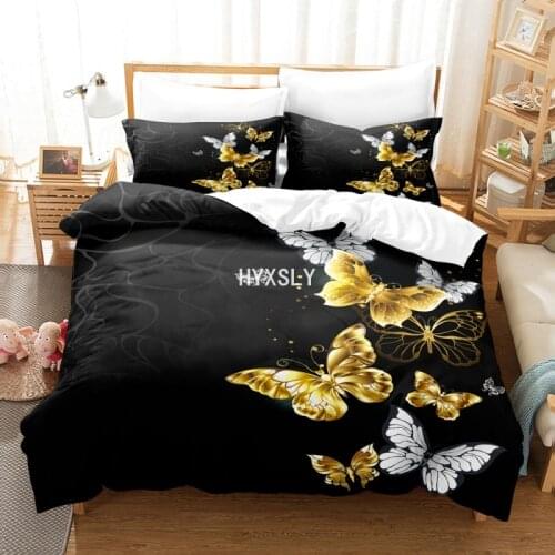 2/3pcs Golden Butterfly 3D Digital Printing Custom Bedding Set Black Bedspread Single Double Queen Duvet Cover Set Home Textile