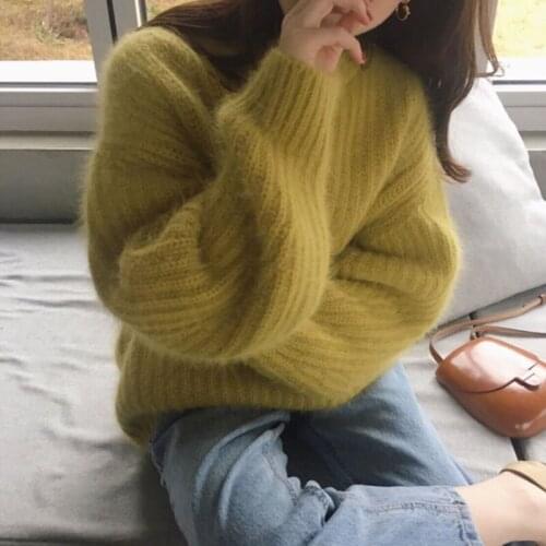 Korea Chic Autumn Winter Women Sweaters Mohair Round Collar Jumpers Sweet Vintage Loose Thicken Pullovers Girl Knitted Outerwear