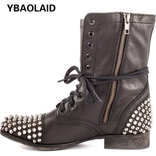 Black Metal Rivet Thick Heel Short Boots for Men and Women Spring and Autumn New Cross-lace Side Zipper Flat Neutral Boots