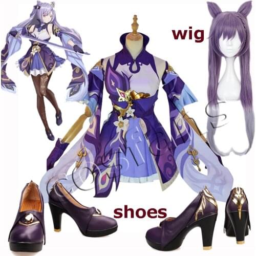 Game Genshin Impact Keqing Cosplay Costumes Genshin Ke Qing Impact Halloween Cos Shoes Keqing Ponytails Mixed Purple Cosplay Wig