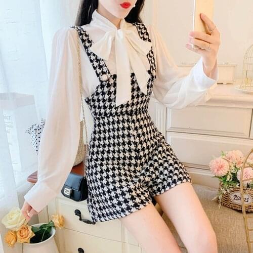 Cute Student Lace Up Bow Collar White Shirt Blouse + Fashion Tweed Plaid Wool Suspender Strap Short Houndstooth Two Piece Set
