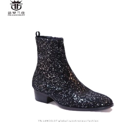 FR.LANCELOT 2020 New sequin leather men booties zip up Chelsea Boots black bling Ankle Boots Mens glitter party shoes vintage