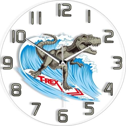 T-rex Dinosaur Surfer Ride The Wave Decorative Print Wall Clock Cute Dino Surfer Tyrannosaurus On Surfboard Bedroom Décor Clock