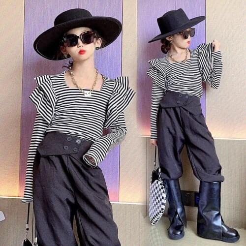 2021 new style girls boys striped ruffles t shirt autumn fashion cotton kids top 5-10 years