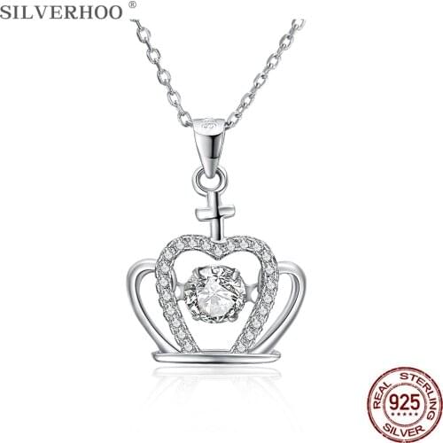 SILVERHOO 925 Sterling Silver Necklace For Women Silver Colour Inlay Zircon Crown Pendant Necklaces Fine Jewelry Clearance Sale