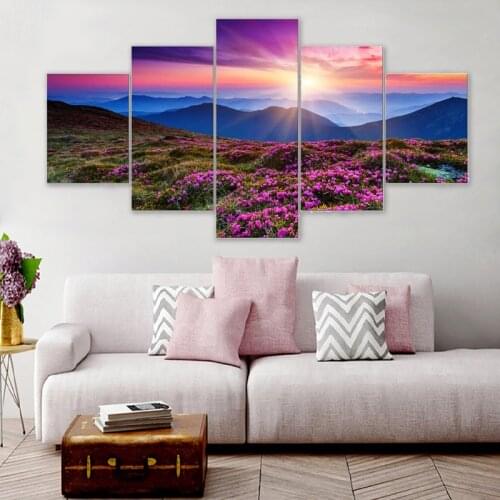 Landscape Wall Poster Mountains Sunrise Canvas Painting Home Decoration Wall Picture for Living Room Flower Land Meadow 5 Pieces