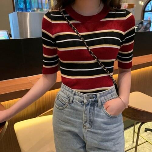 Casual Knitted T-shirt Women Spring Autumn Striped Tee Sexy Slim Short Sleeve Round Collar T Shirt