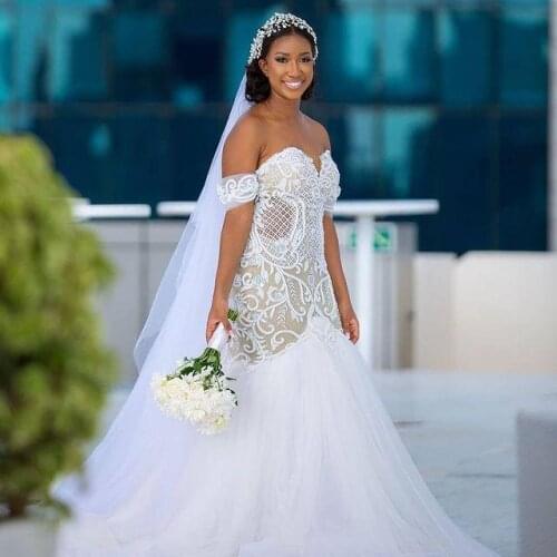 Plus Size Mermaid 2021 Wedding Dresses Bridal Gowns Off The Shoulder Lace Appliqued Sweep Train Robe de mariée