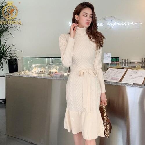 SMTHMA New Winter Korean Chic Style Slim Mermaid Dresses Turtleneck Warm Sweater Lace Up Vestido Da Festa
