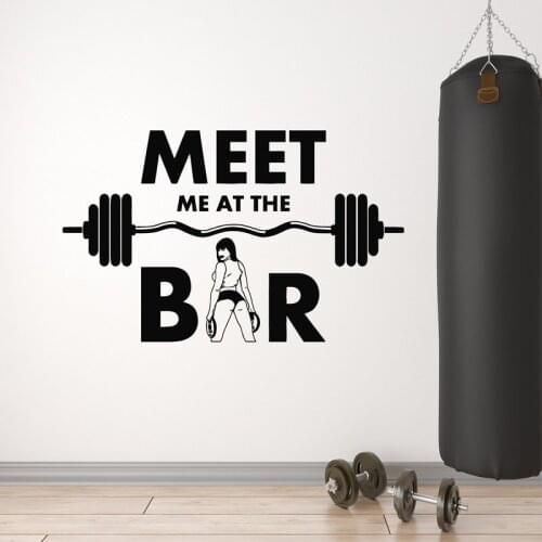 Gym Sport Wall Stickers Sexy Girl Decal Barbell Gymnasium Stickers Phrase Meet Me At The Bar Home Decor Creative Art Mural