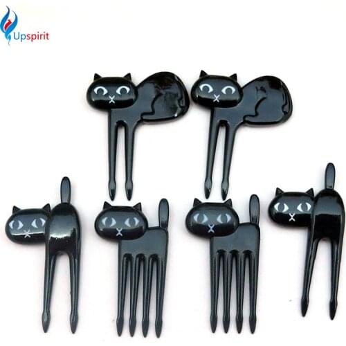 Upspirit 2017 6Pcs Mini Animal Fork Fruit Picks Cute Cartoon Cat Children Fork Bento Lunch Box Decor Accessories Black Color