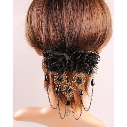 Vintage Gothic Black Lace Flower Headband Hair Clips For Women Stone Tassels Fashion Jewelry Acessories