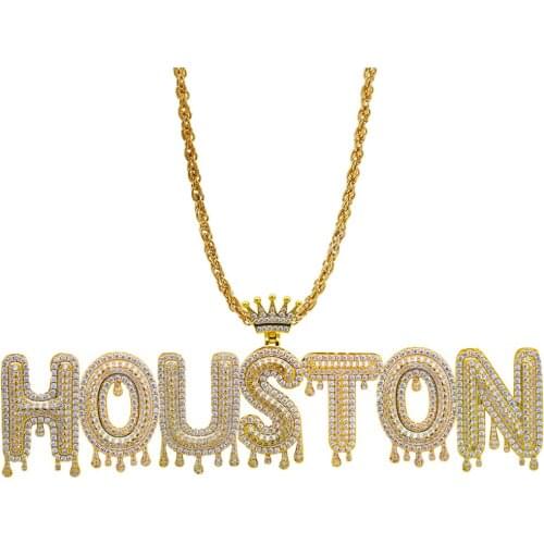 Custom Hip Hop Iced Out Crown Dripping Bubble Letter Name Necklace for Men /Women Gold color Pendant with CZ Crystal Rope Chain